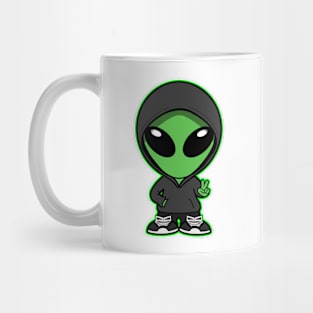 Hooded Space Alien Peace Hand Sign Green Mug